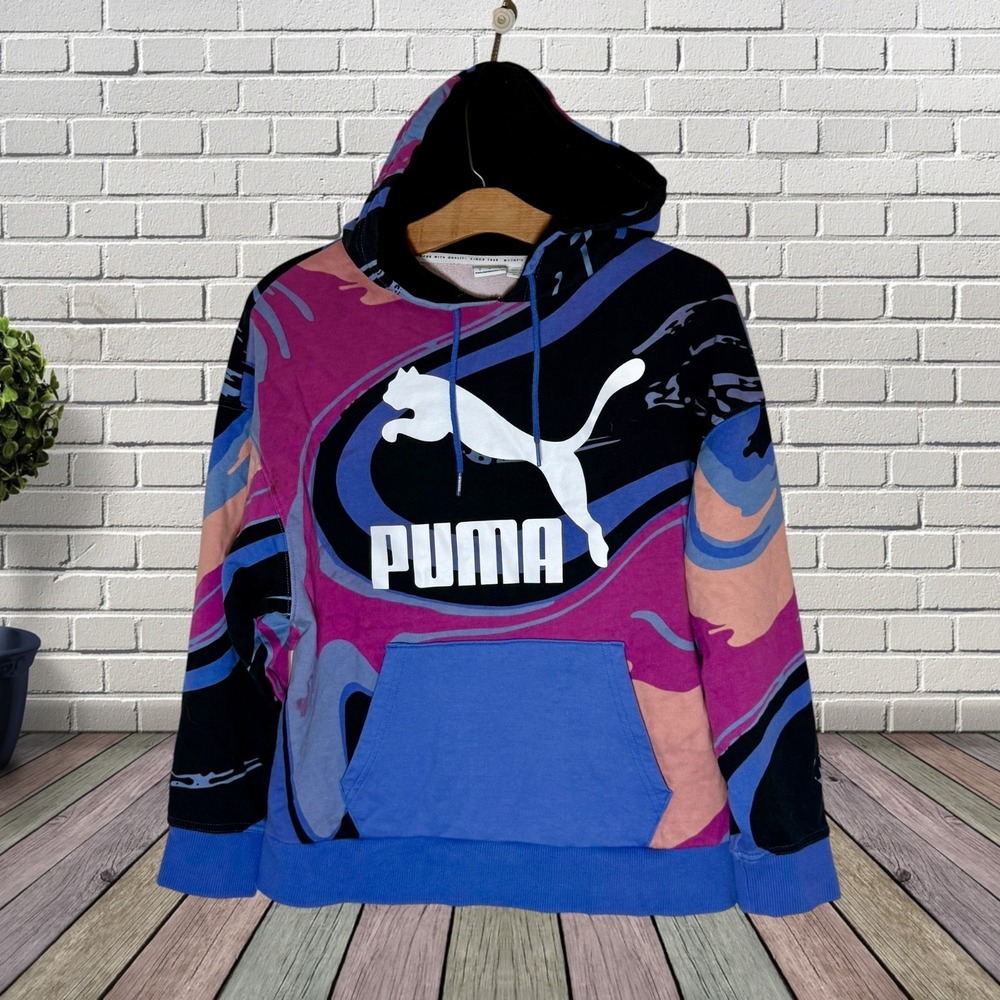Puma Art Graphic Hoodie Sweatshirt Sz S Womens Pullover Black Multi Abstract